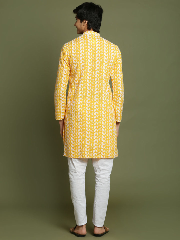 VASTRAMAY Boys' Orange Chaikankari Kurta With White Pyjama Set