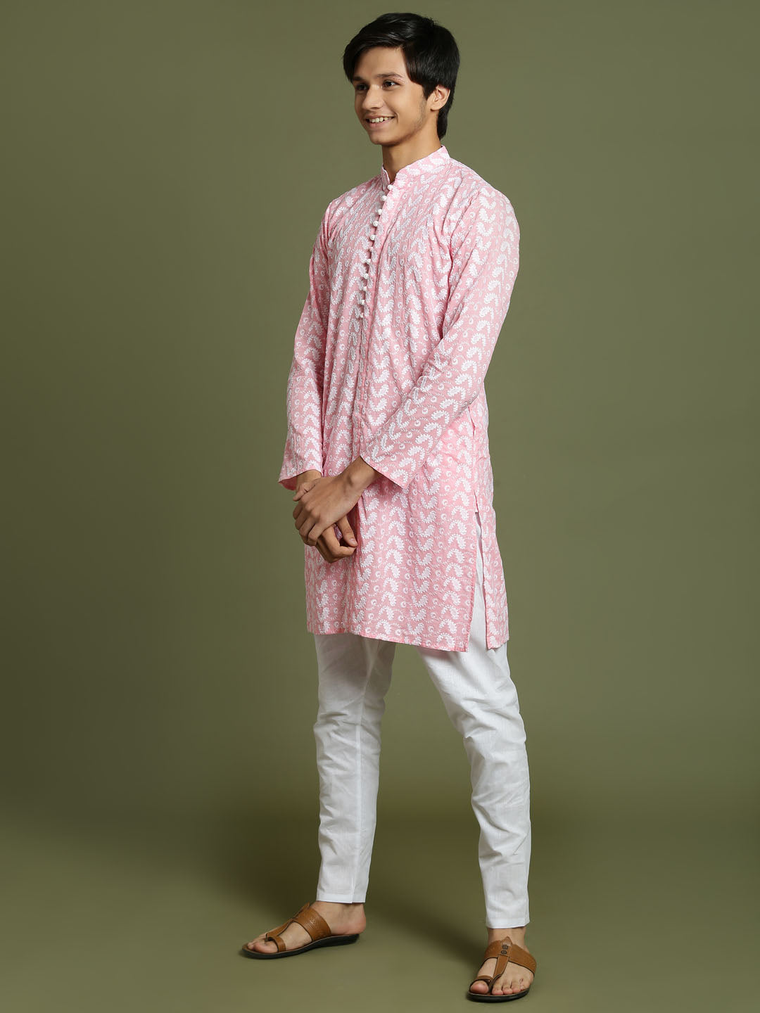 VASTRAMAY Boys' Pink Chaikankari Kurta With White Pyjama Set