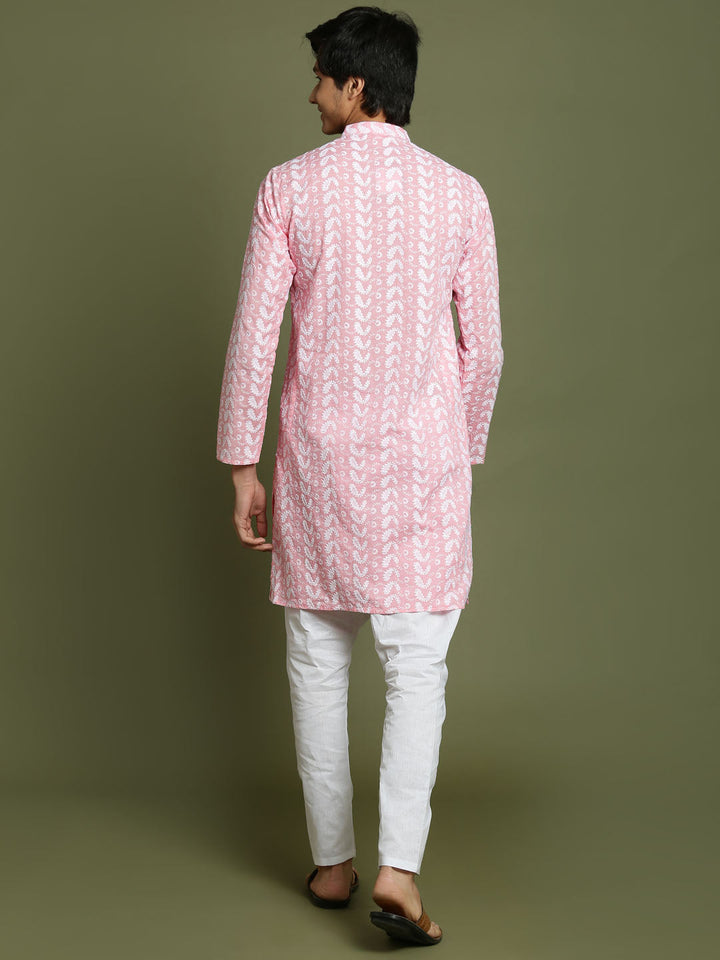 VASTRAMAY Boys' Pink Chaikankari Kurta With White Pyjama Set