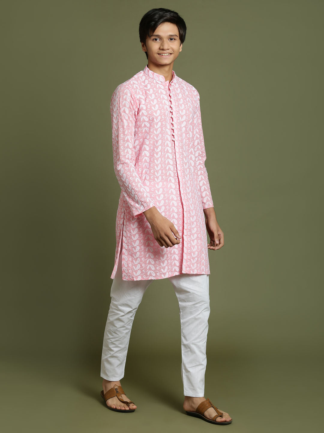 VASTRAMAY Boys' Pink Chaikankari Kurta With White Pyjama Set