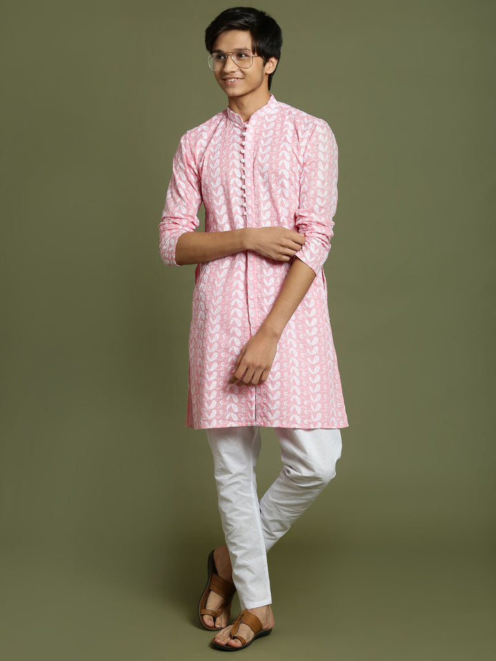 VASTRAMAY Boys' Pink Chaikankari Kurta With White Pyjama Set