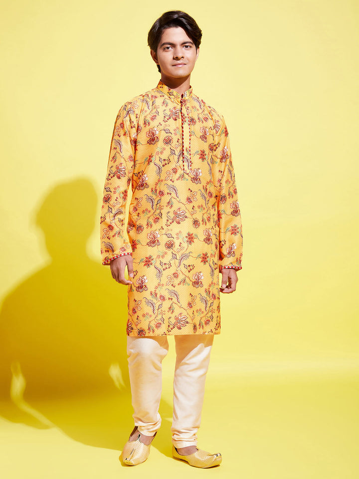 VASTRAMAY Boys' Multicolor-Base-Mustard And Cream Kurta Pyjama Set