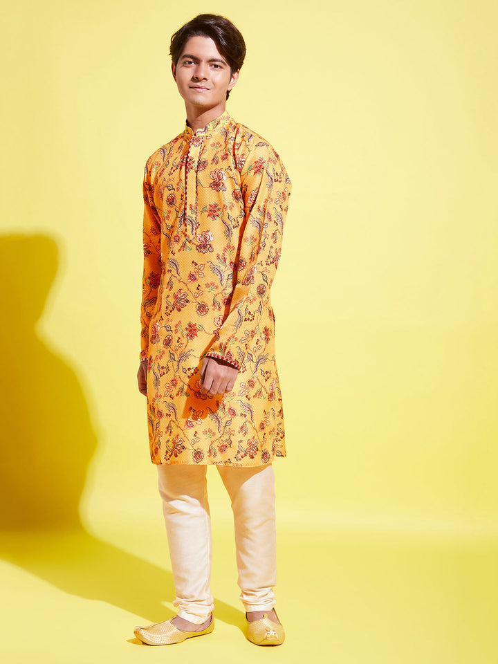 VASTRAMAY Boys' Multicolor-Base-Mustard And Cream Kurta Pyjama Set