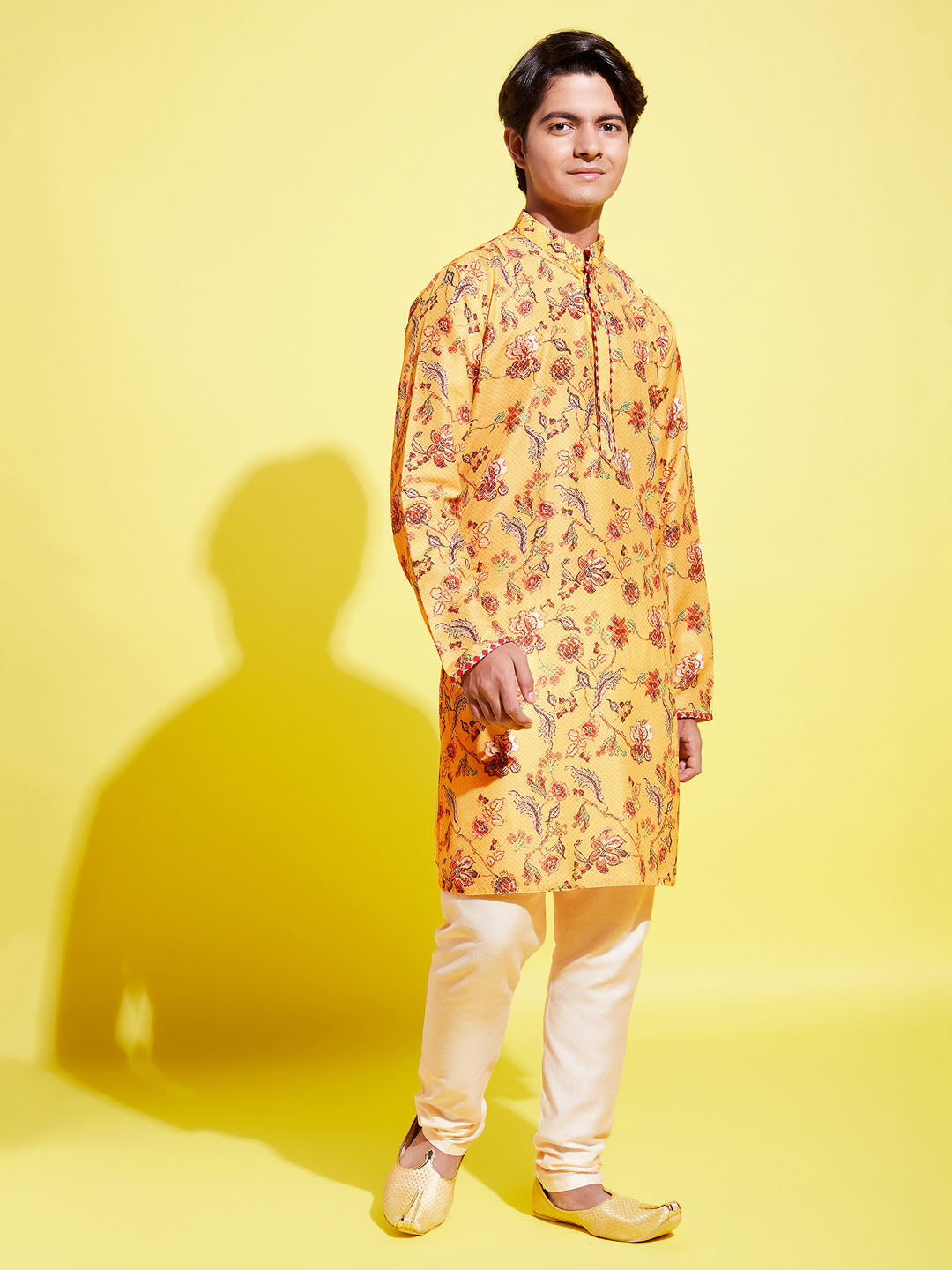 VASTRAMAY Boys' Multicolor-Base-Mustard And Cream Kurta Pyjama Set