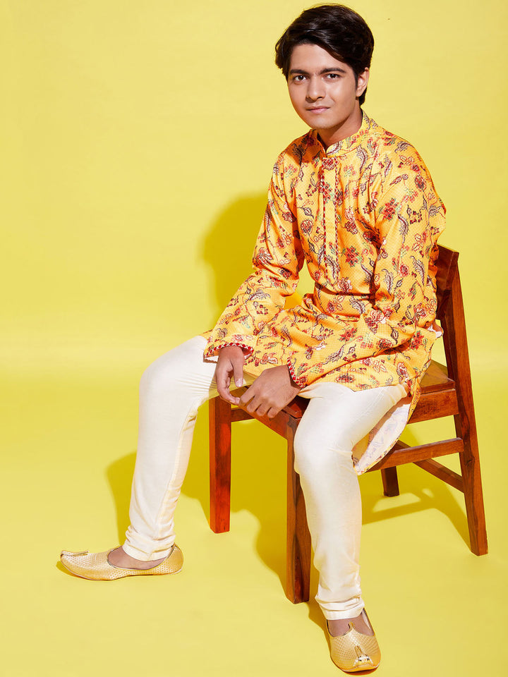 VASTRAMAY Boys' Multicolor-Base-Mustard And Cream Kurta Pyjama Set