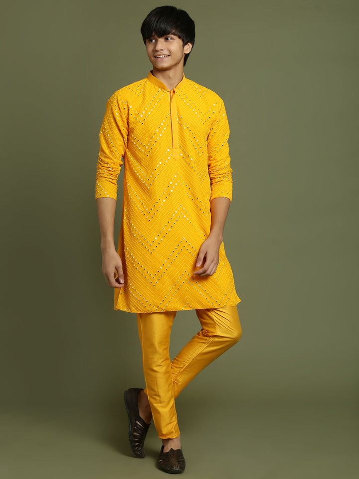 VASTRAMAY Boys Yellow Mirror Work Georgette Kurta And Pyjama Set