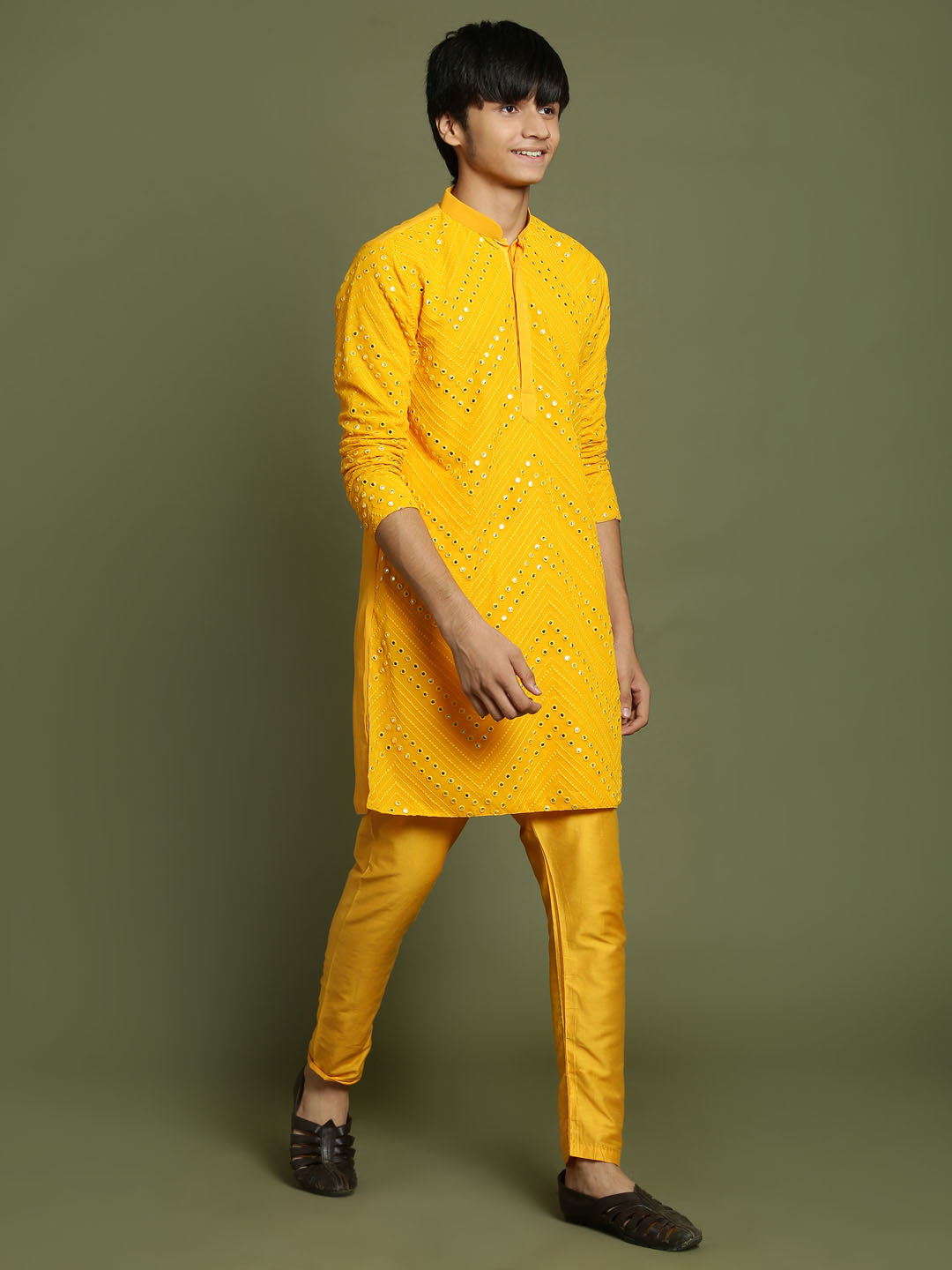 VASTRAMAY Boys Yellow Mirror Work Georgette Kurta And Pyjama Set