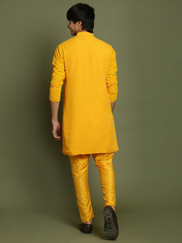 VASTRAMAY Boys Yellow Mirror Work Georgette Kurta And Pyjama Set