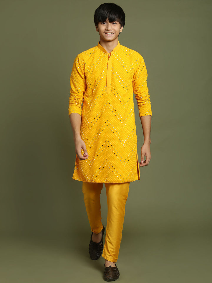 VASTRAMAY Boys Yellow Mirror Work Georgette Kurta And Pyjama Set