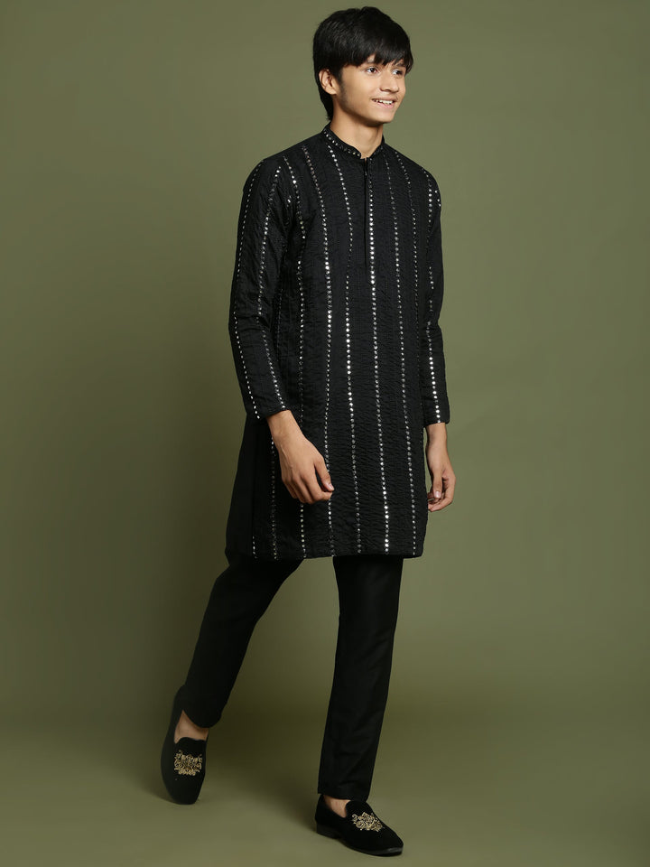 VASTRAMAY Boys Black Mirror Work Viscose Kurta And Pyjama Set