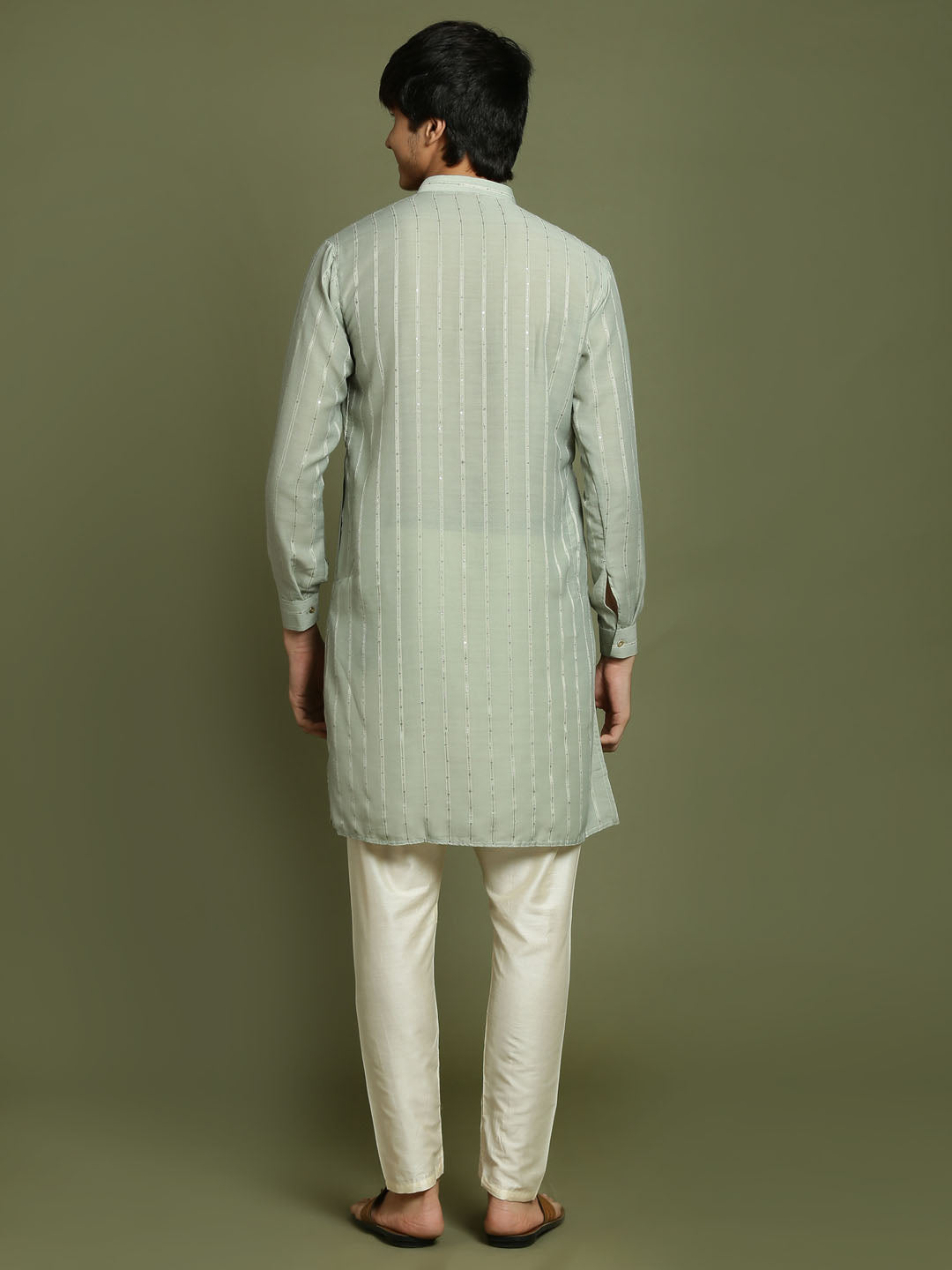 VASTRAMAY Boys' Green Striped With Sequin Worked Kurta Pyjama Set