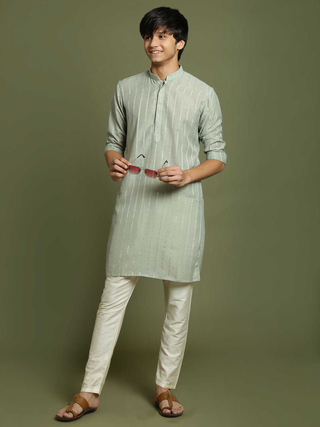 VASTRAMAY Boys' Green Striped With Sequin Worked Kurta Pyjama Set