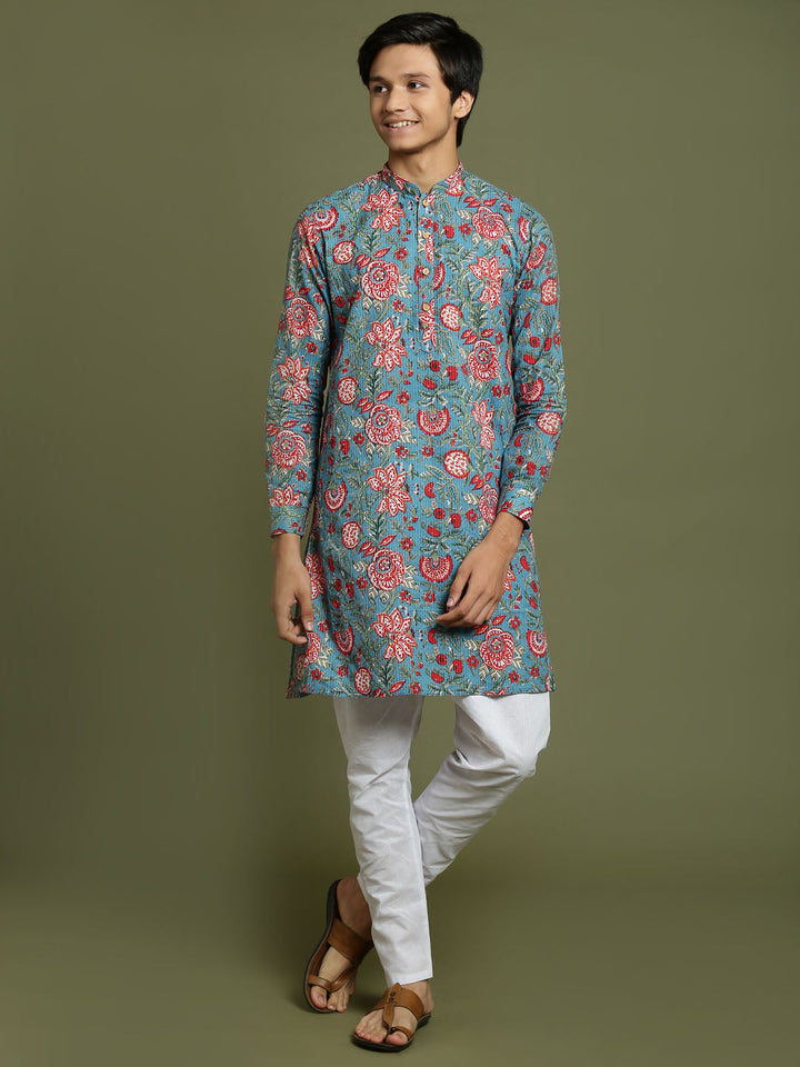 VASTRAMAY Boys Kalamkari Print Kantha stitch Kurta And Pyjama Set