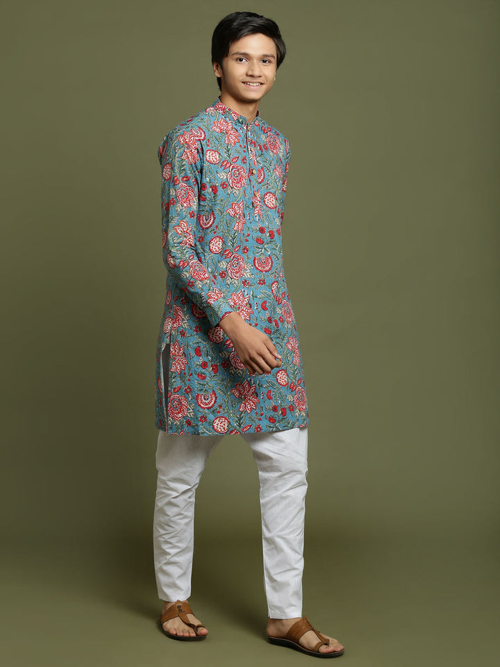 VASTRAMAY Boys Kalamkari Print Kantha stitch Kurta And Pyjama Set