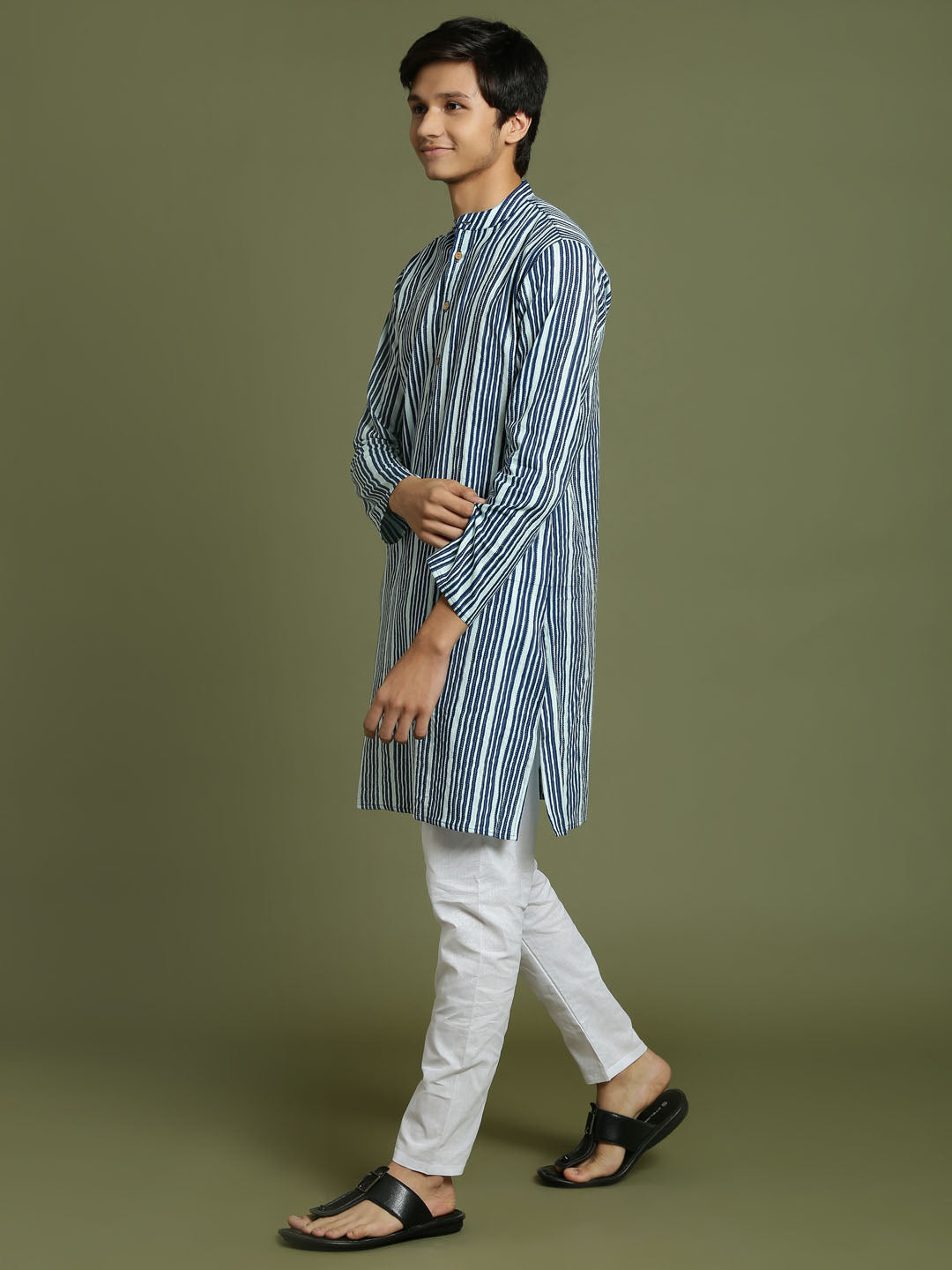 VASTRAMAY Boys' Indigo Blue Striped Kurta And Pyjama Set