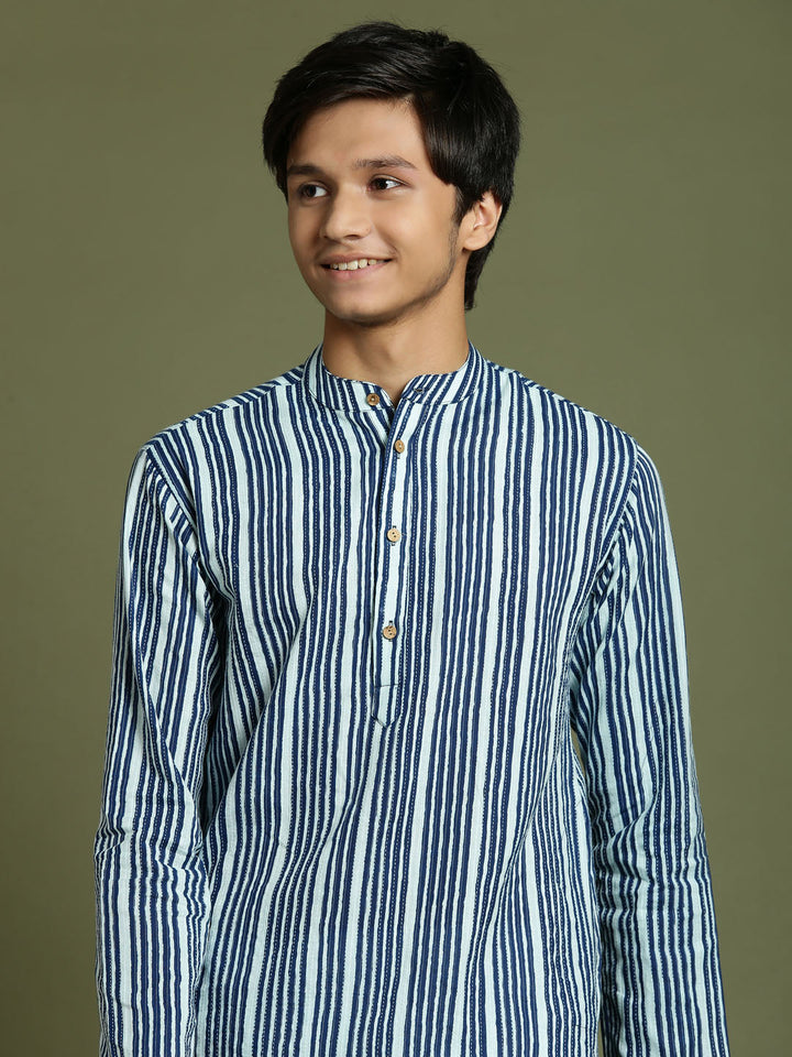 VASTRAMAY Boys' Indigo Blue Striped Kurta And Pyjama Set