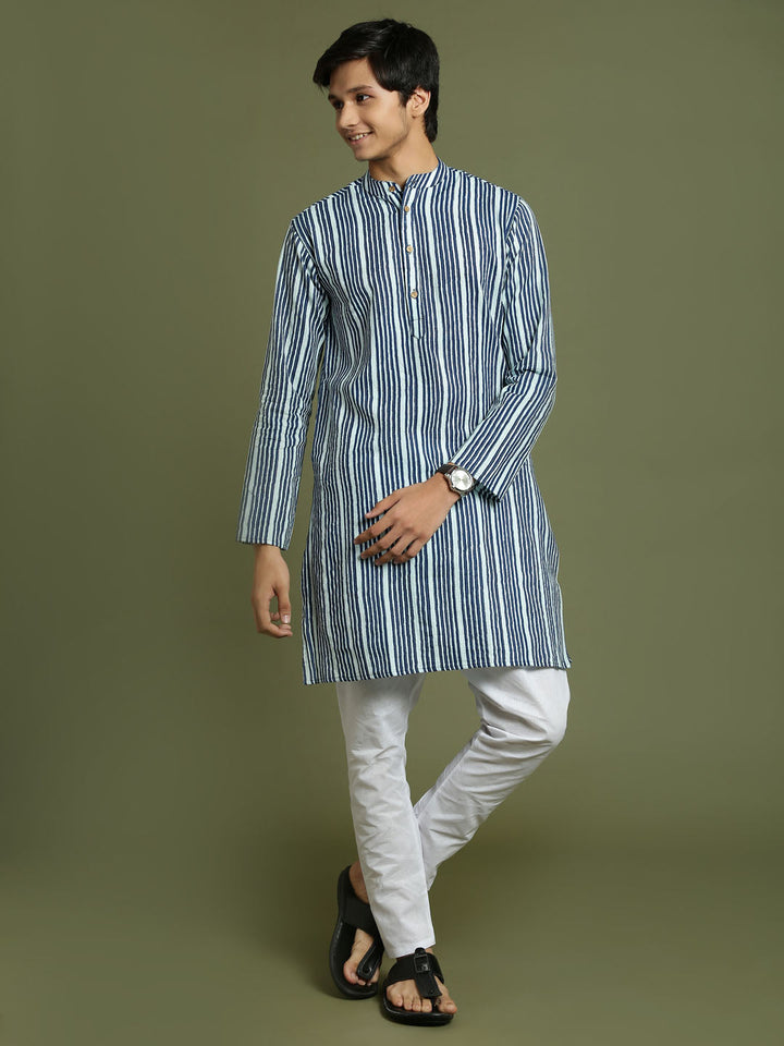 VASTRAMAY Boys' Indigo Blue Striped Kurta And Pyjama Set