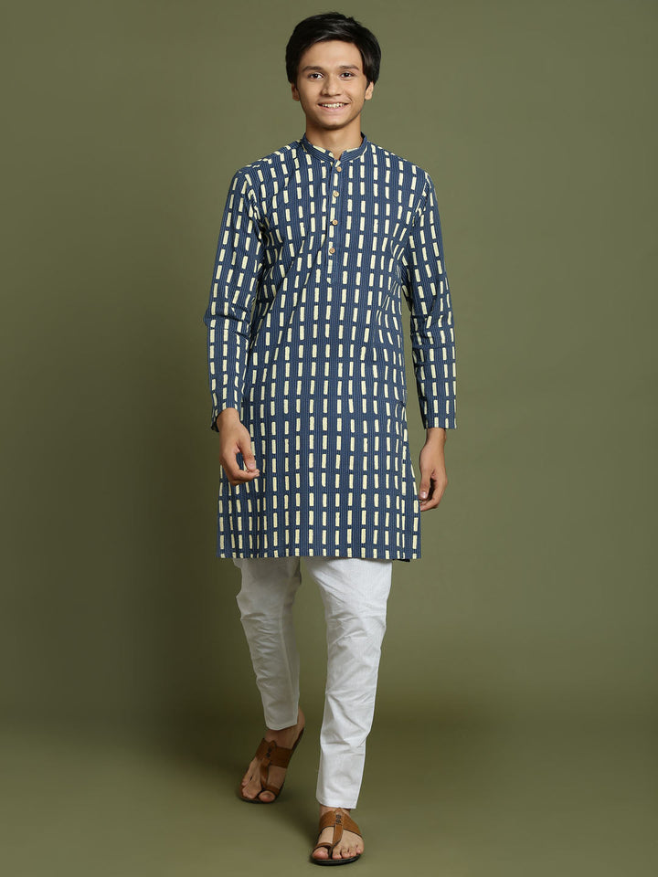 VASTRAMAY Boys Indigo Rubber Print Kurta Pyjama Set