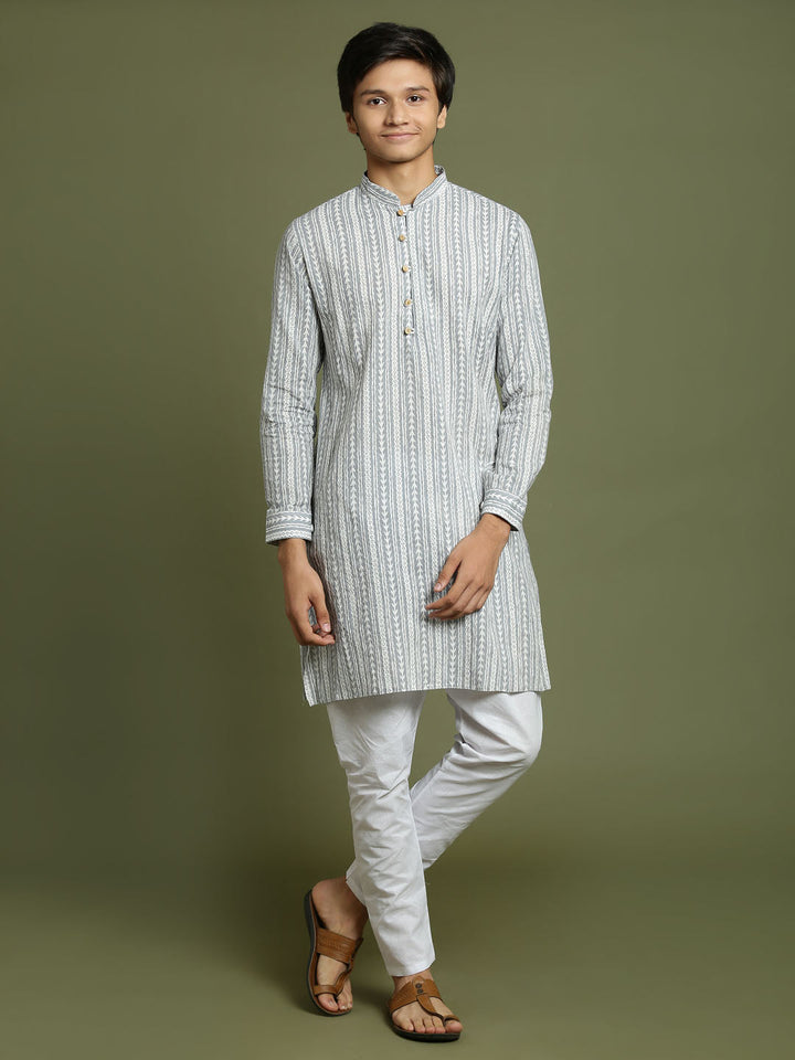 YUVA BY VASTRAMAY Boys' Grey Woven Kurta With White Pyjama Set