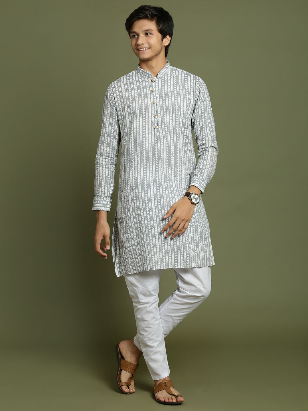 YUVA BY VASTRAMAY Boys' Grey Woven Kurta With White Pyjama Set