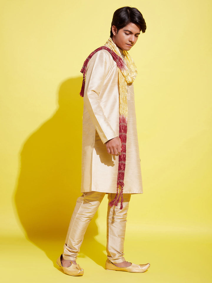 VASTRAMAY Boys' Gold Silk Blend Kurta, Pyjama & Dupatta Set