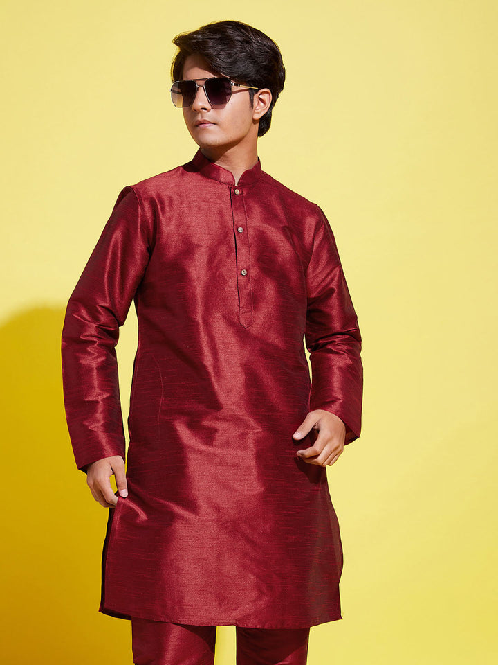 VASTRAMAY Boys' Maroon Silk Blend Kurta