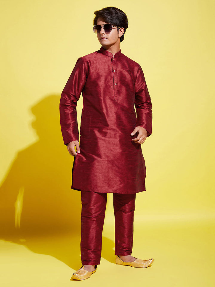 VASTRAMAY Boys' Maroon Silk Blend Kurta