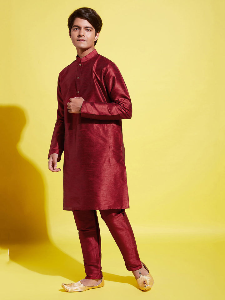 VASTRAMAY Boys' Maroon Silk Blend Kurta and Pyjama Set