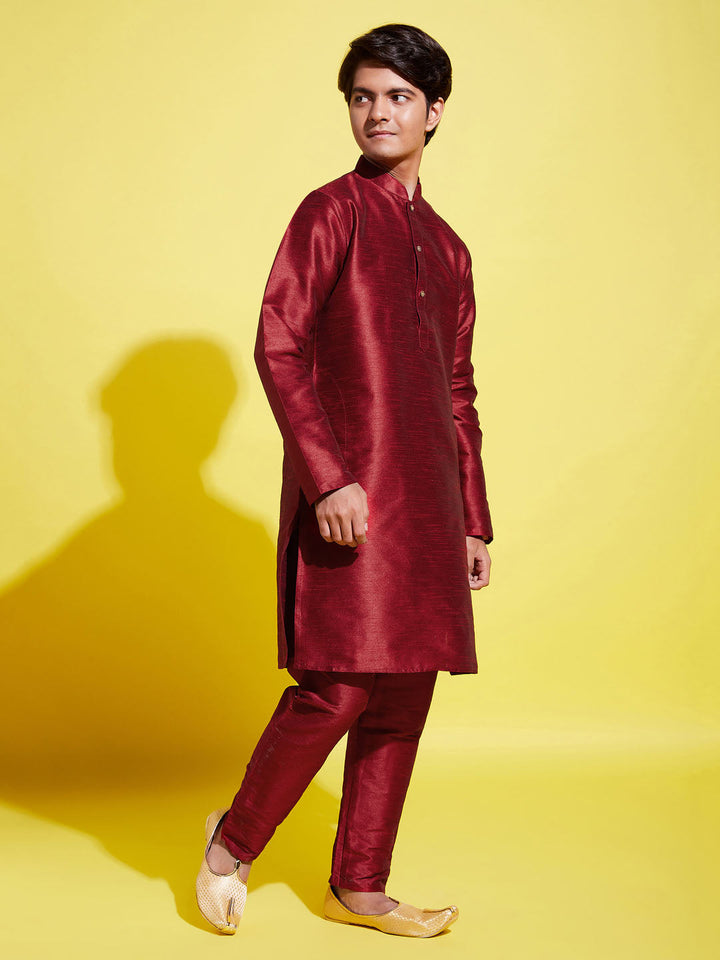 VASTRAMAY Boys' Maroon Silk Blend Kurta and Pyjama Set