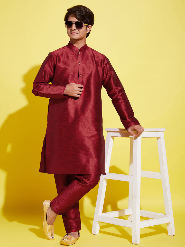 VASTRAMAY Boys' Maroon Silk Blend Kurta and Pyjama Set