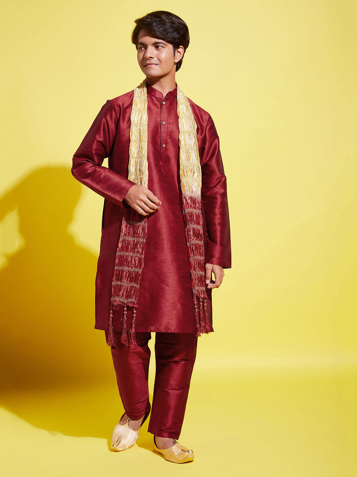 VASTRAMAY Boys' Maroon Cotton Silk Kurta, Pyjama & Dupatta Set