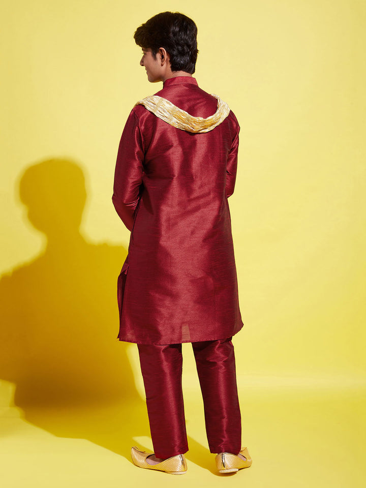 VASTRAMAY Boys' Maroon Cotton Silk Kurta, Pyjama & Dupatta Set