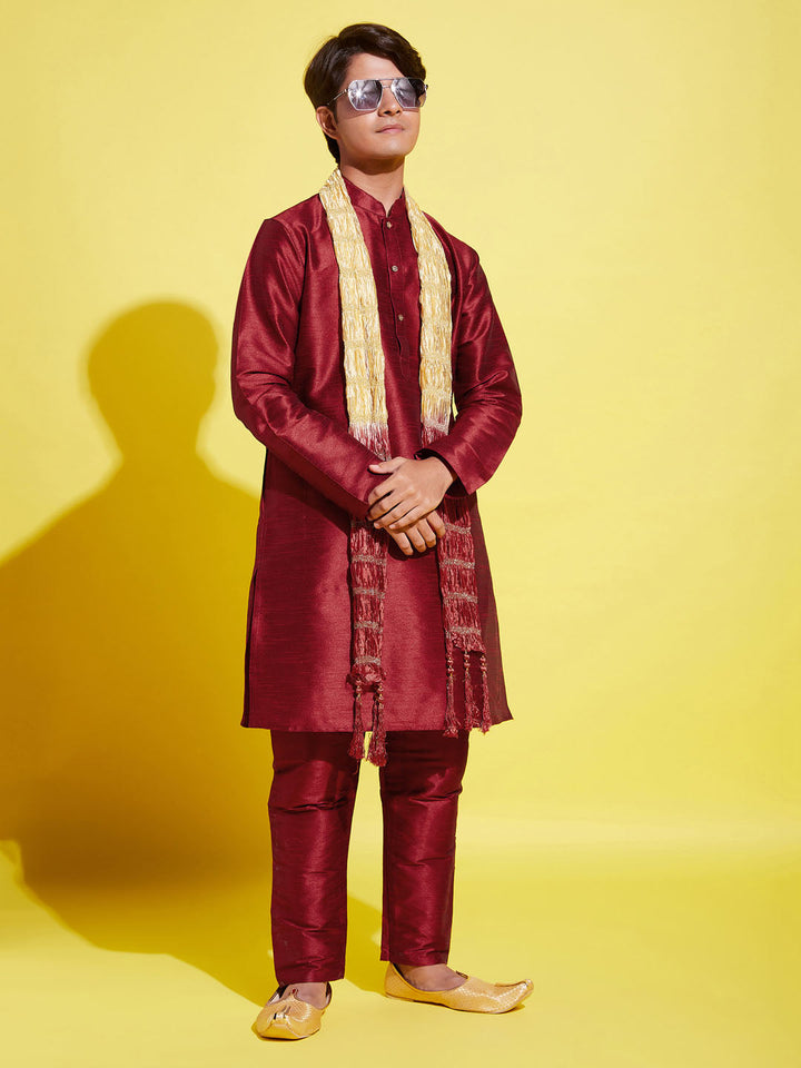 VASTRAMAY Boys' Maroon Cotton Silk Kurta, Pyjama & Dupatta Set