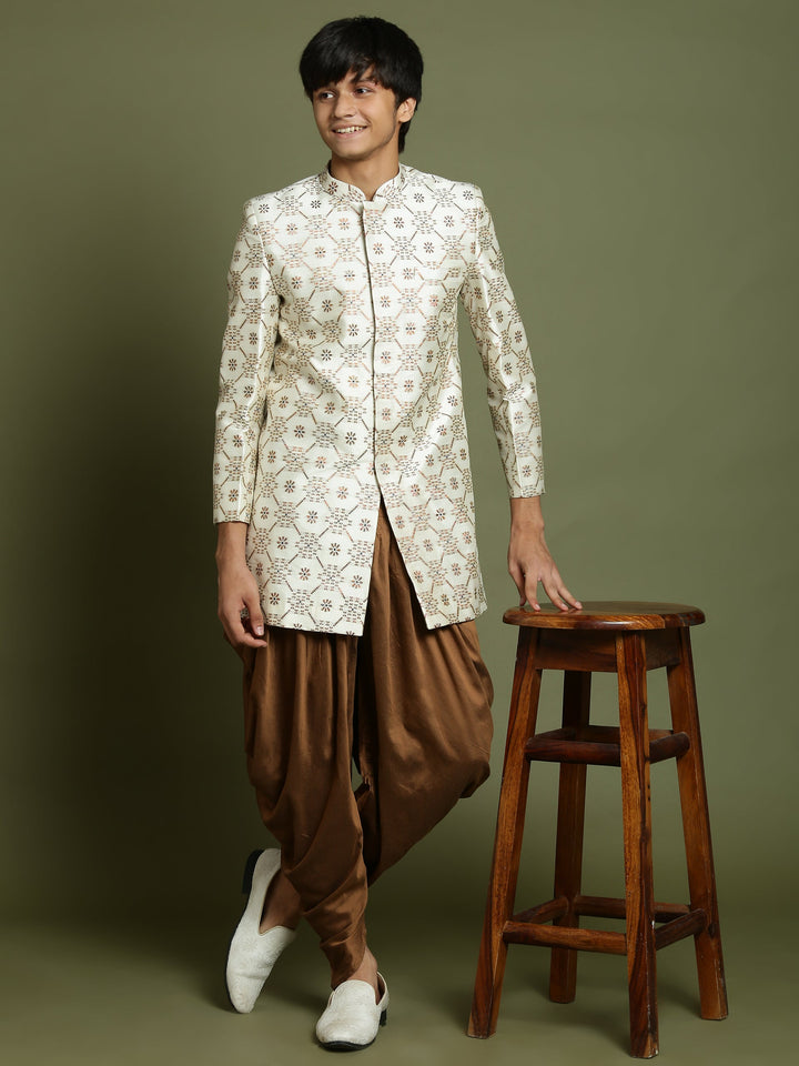 VASTRAMAY Boys Beige And Coffee jacquard Sherwani Set