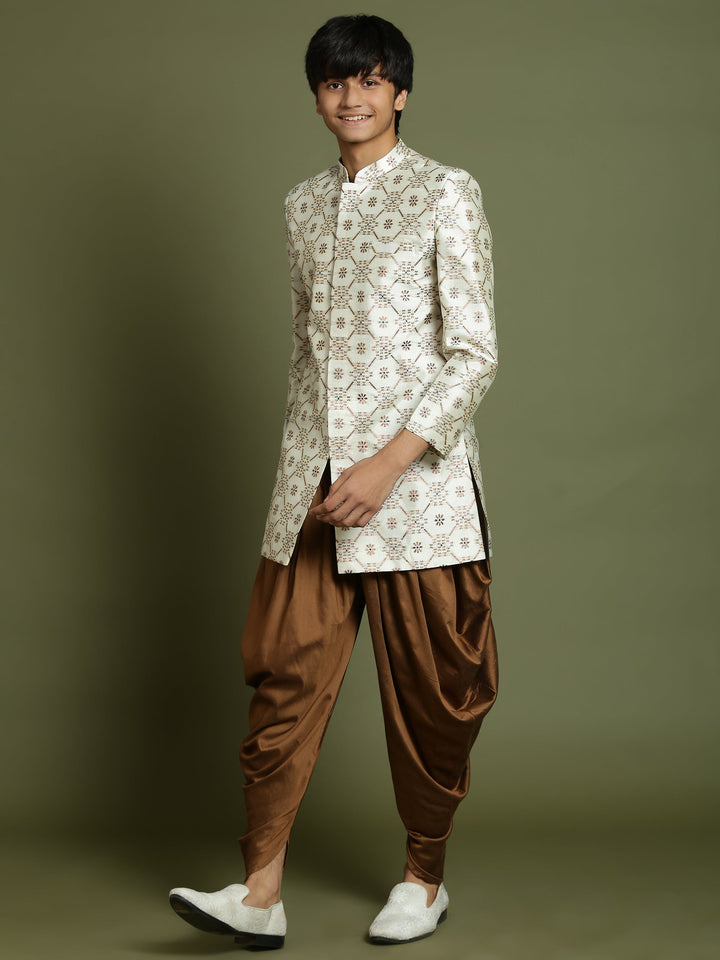 VASTRAMAY Boys Beige And Coffee jacquard Sherwani Set