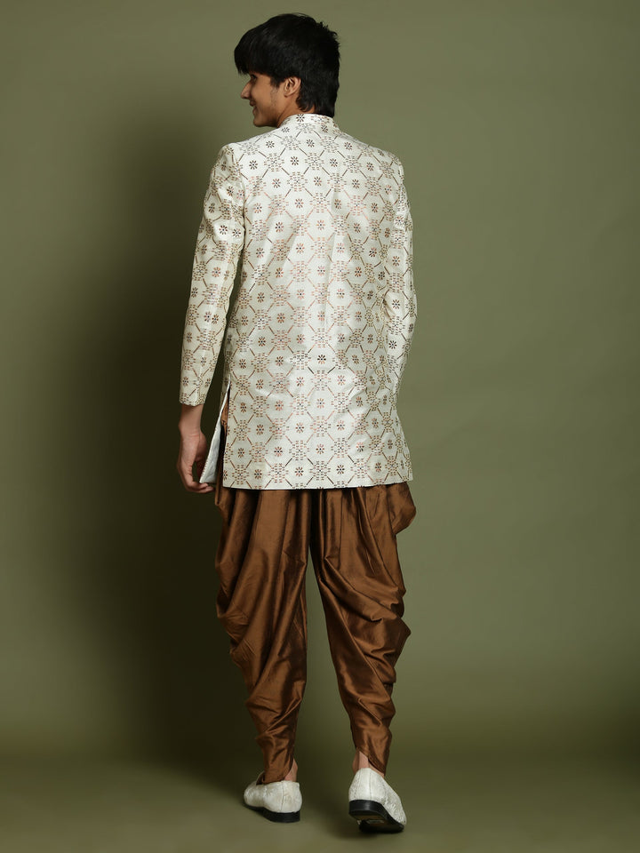 VASTRAMAY Boys Beige And Coffee jacquard Sherwani Set