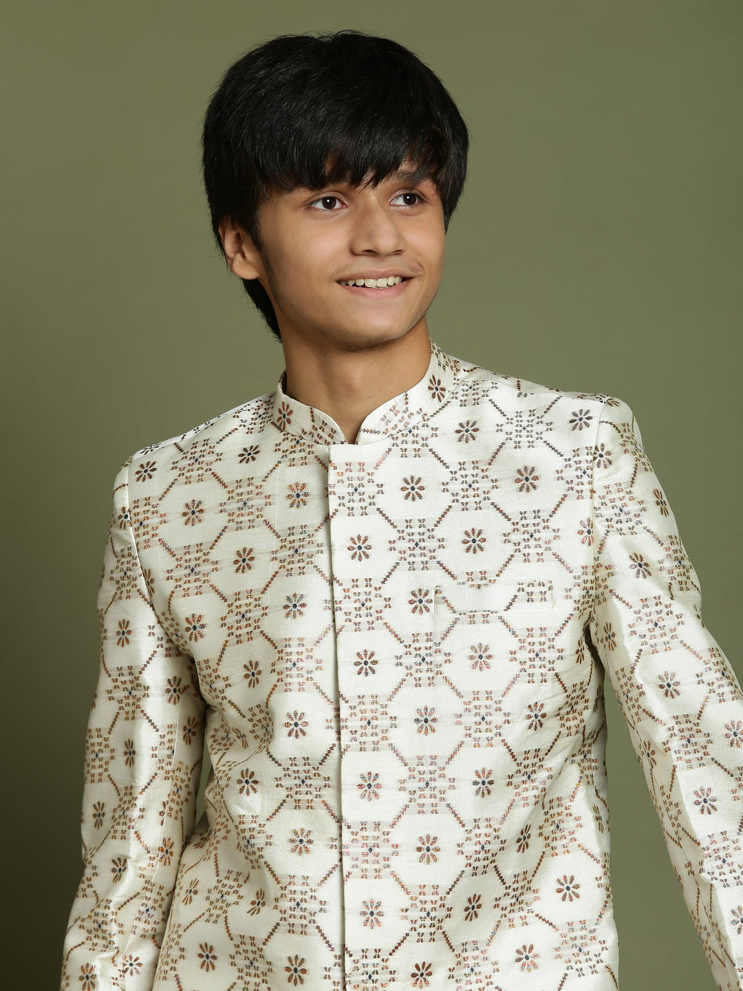 VASTRAMAY Boys Beige And Coffee jacquard Sherwani Set