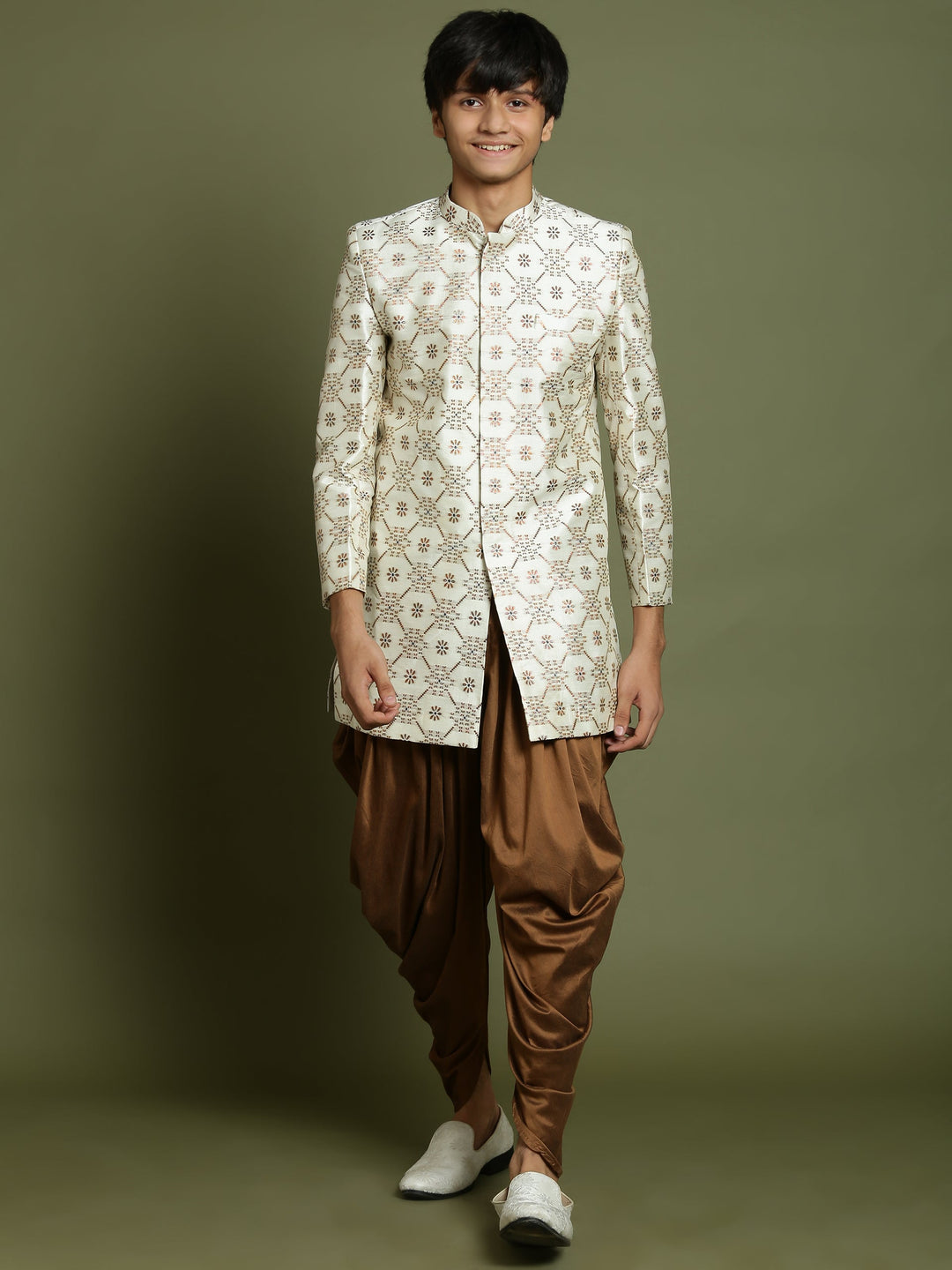 VASTRAMAY Boys Beige And Coffee jacquard Sherwani Set