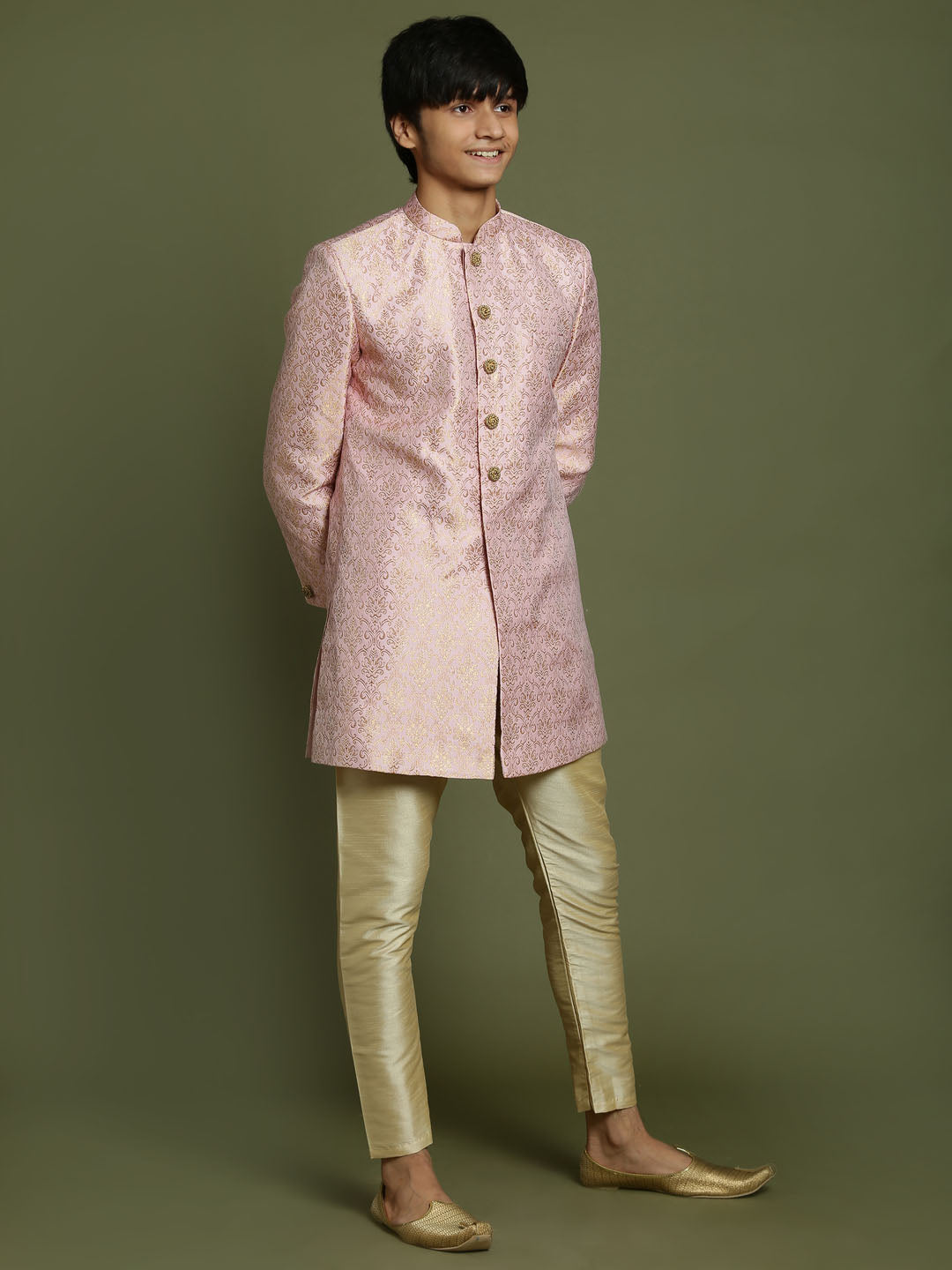 VASTRAMAY Boys Pink & Gold-Colored Woven-Design Brocade Slim Fit Sherwani Set - qivii