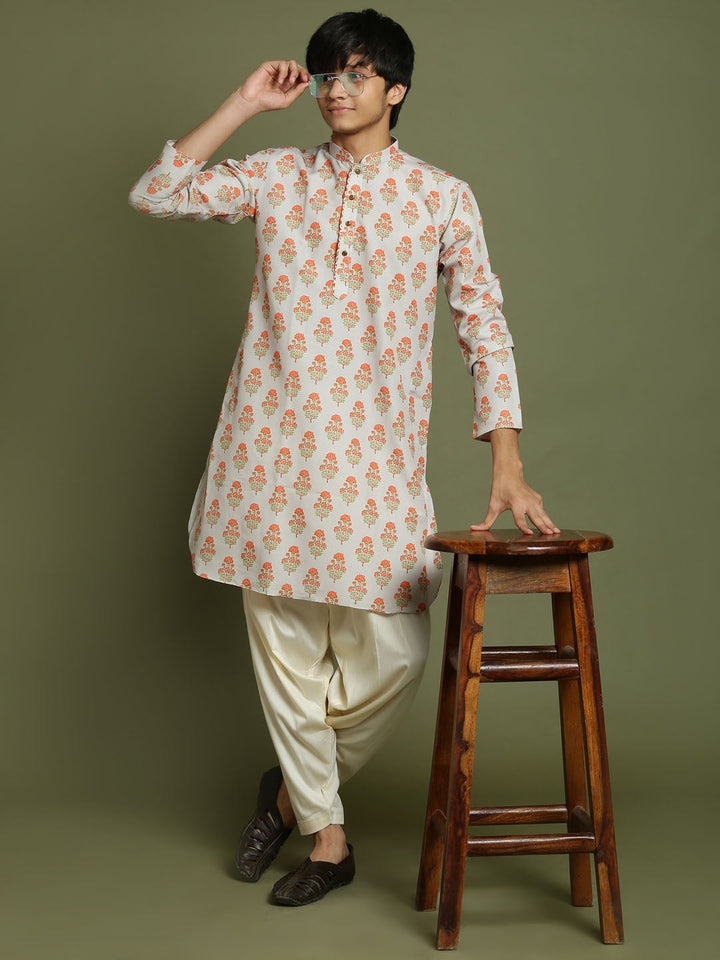 VASTRAMAY Boys' Multicolor-Base-Beige And Cream Kurta Patiala Set