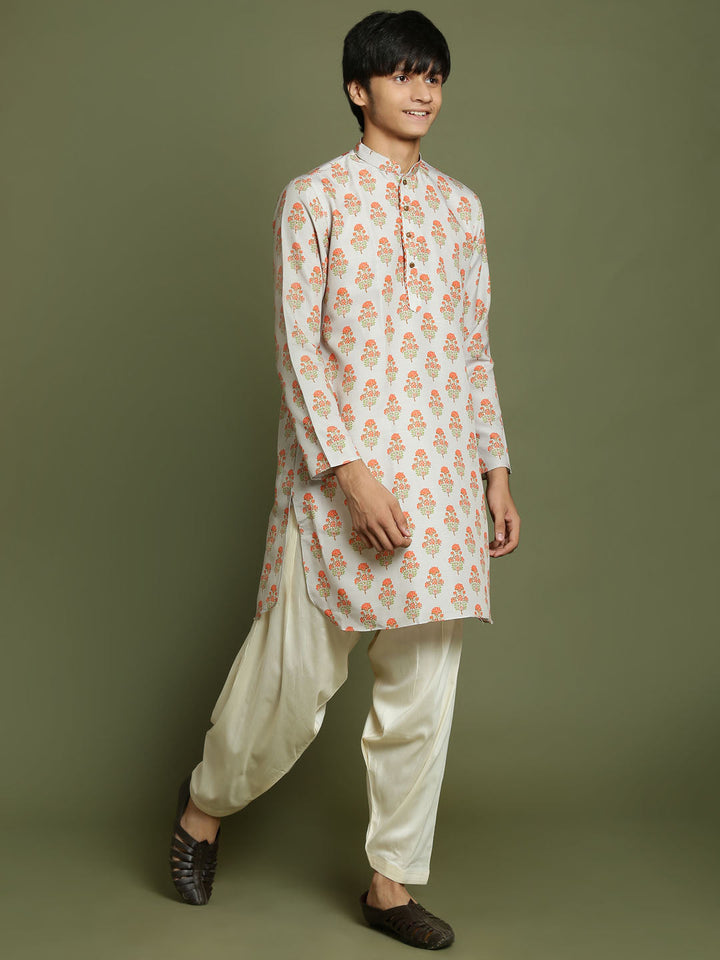 VASTRAMAY Boys' Multicolor-Base-Beige And Cream Kurta Patiala Set