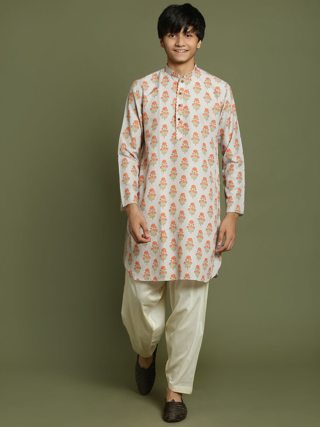 VASTRAMAY Boys' Multicolor-Base-Beige And Cream Kurta Patiala Set