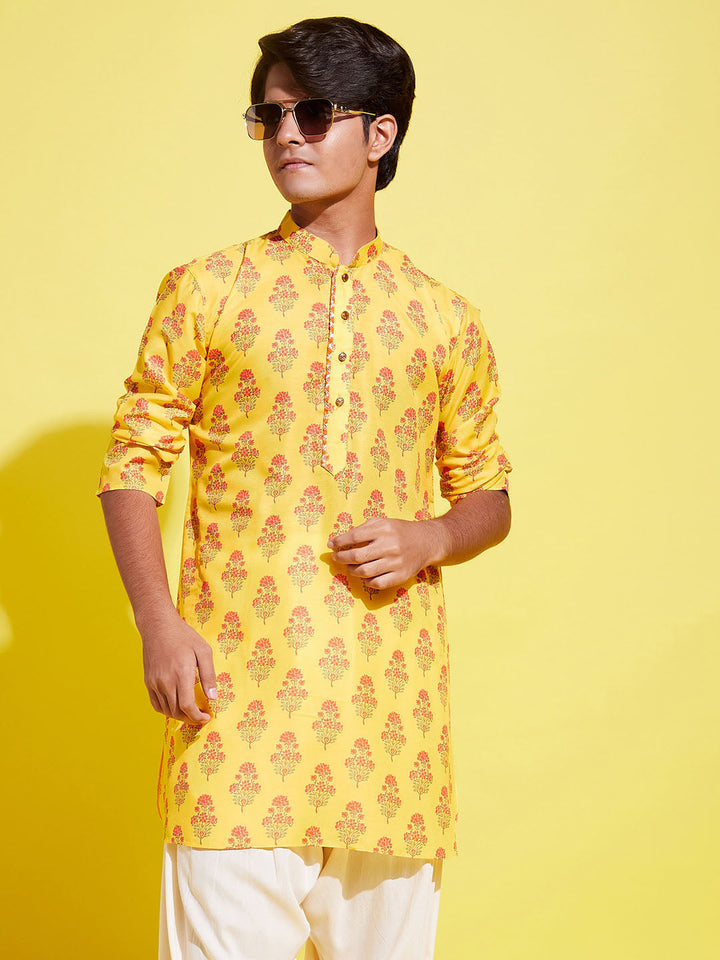 VASTRAMAY Boy's Orange Multi Color Printed Cotton Blend Kurta