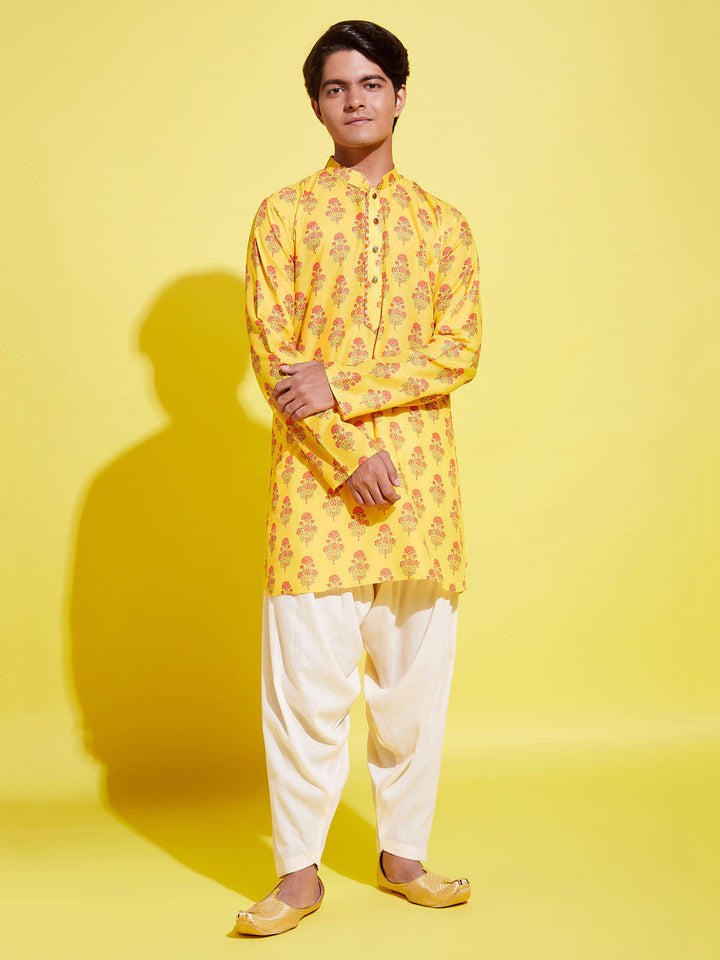 VASTRAMAY Boys' Multicolor-Base-Mustard And Cream Kurta Patiala Set