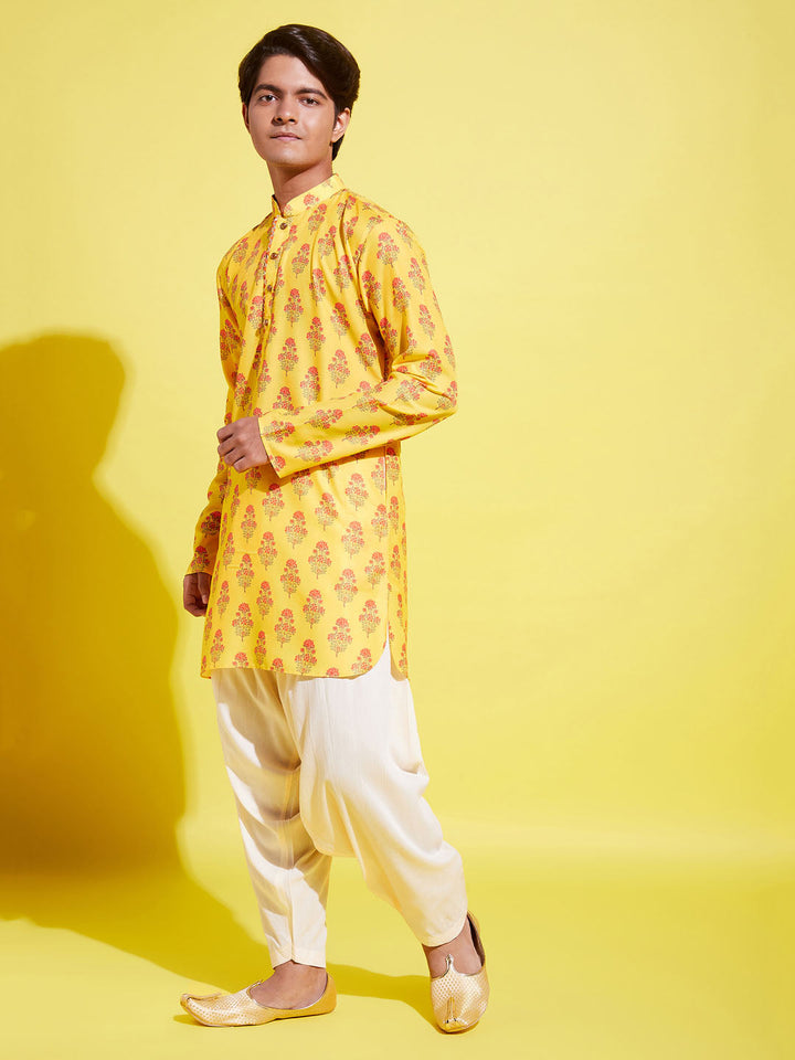 VASTRAMAY Boys' Multicolor-Base-Mustard And Cream Kurta Patiala Set