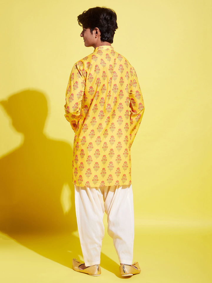 VASTRAMAY Boys' Multicolor-Base-Mustard And Cream Kurta Patiala Set