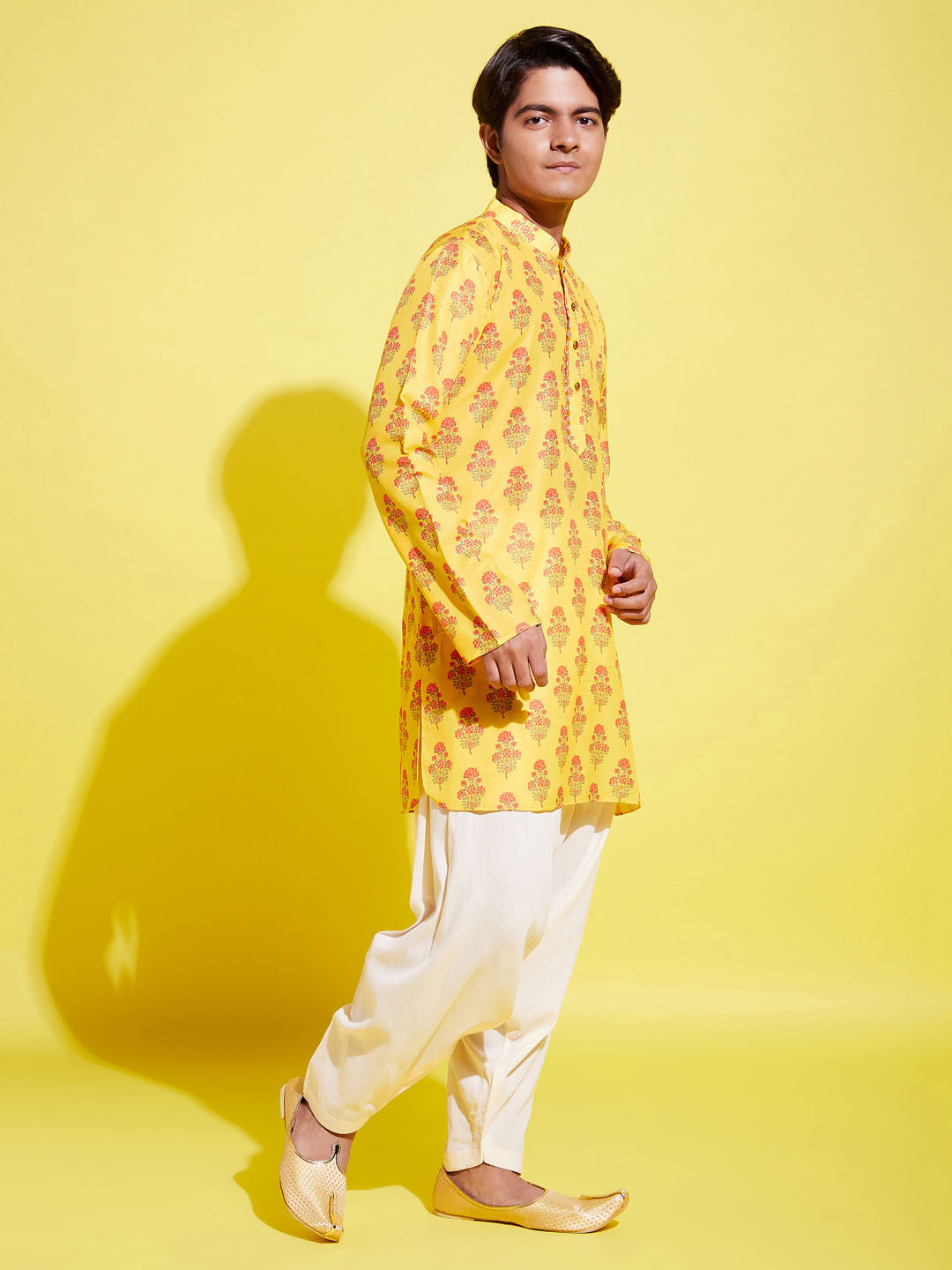 VASTRAMAY Boys' Multicolor-Base-Mustard And Cream Kurta Patiala Set