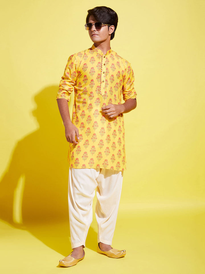 VASTRAMAY Boys' Multicolor-Base-Mustard And Cream Kurta Patiala Set