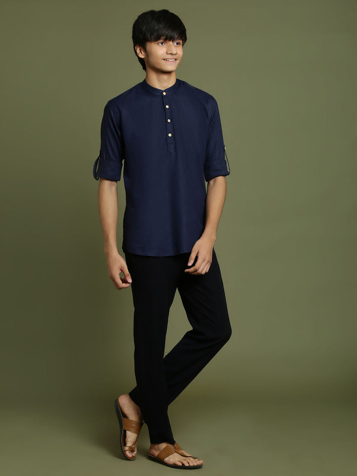 VASTRAMAY Boys Navy Blue Short Kurta