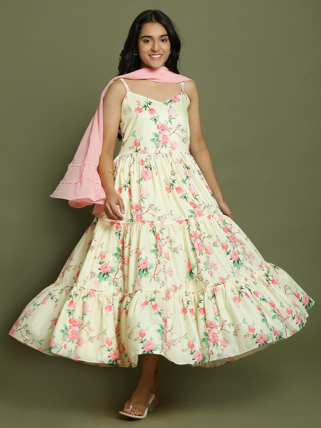 Yuva By VASTRAMAY Girl's Light Yellow Floral Print Anarkali With Pink Dupatta - qivii